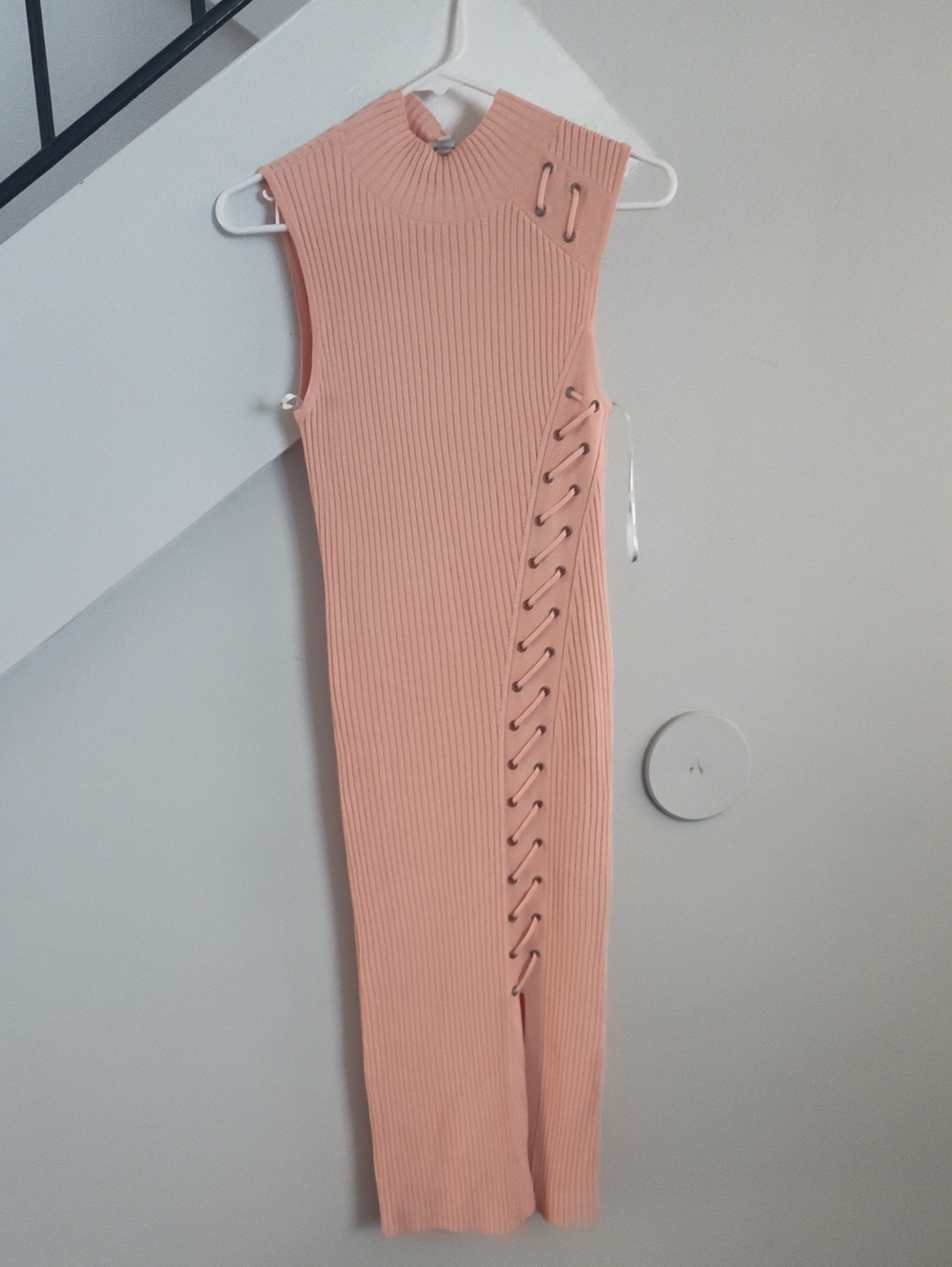 Guess Sleeveless Ribbed Lace-Up Midi Dress in Peach
